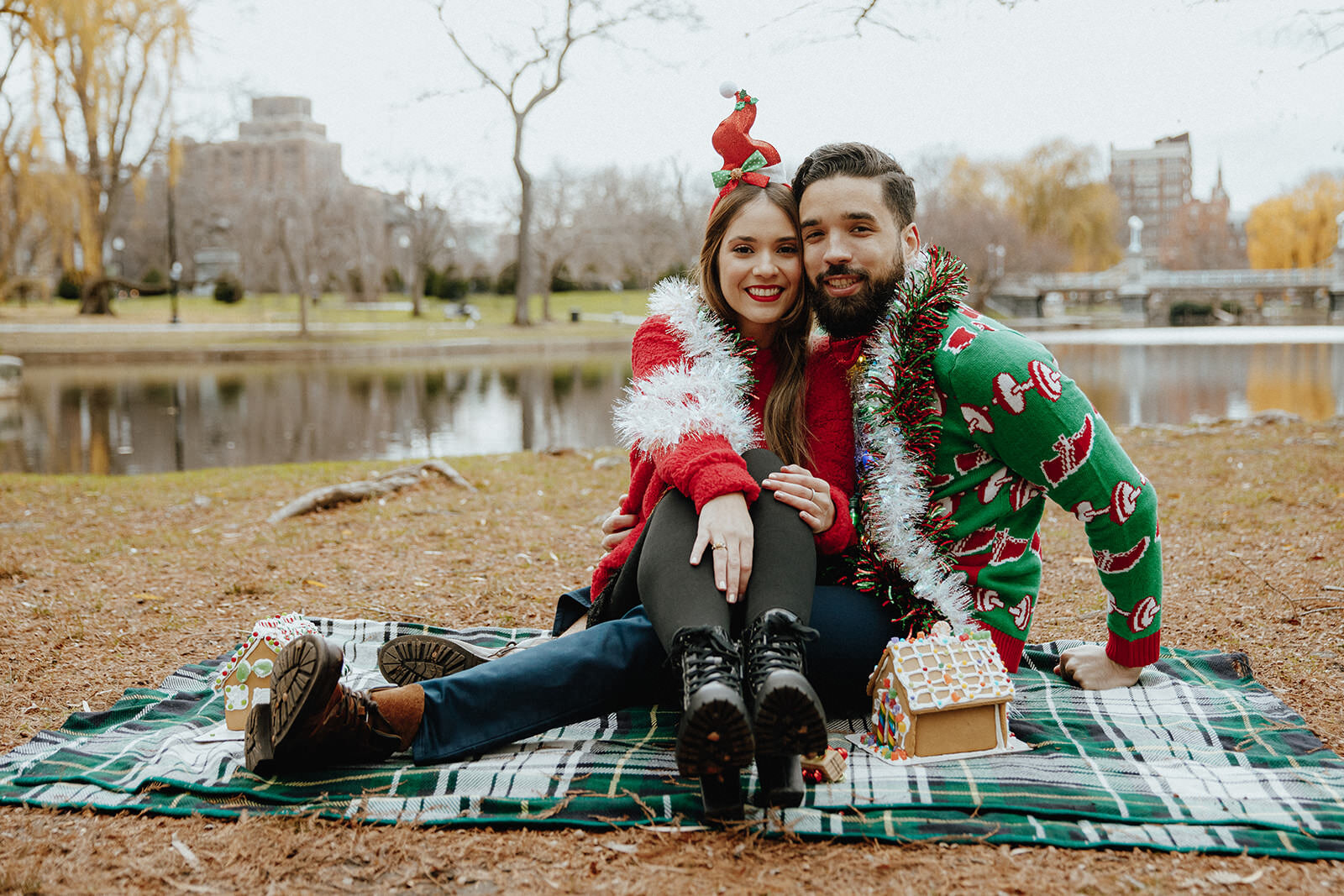 Ugly Christmas Sweater Engagement Session in the Boston Common